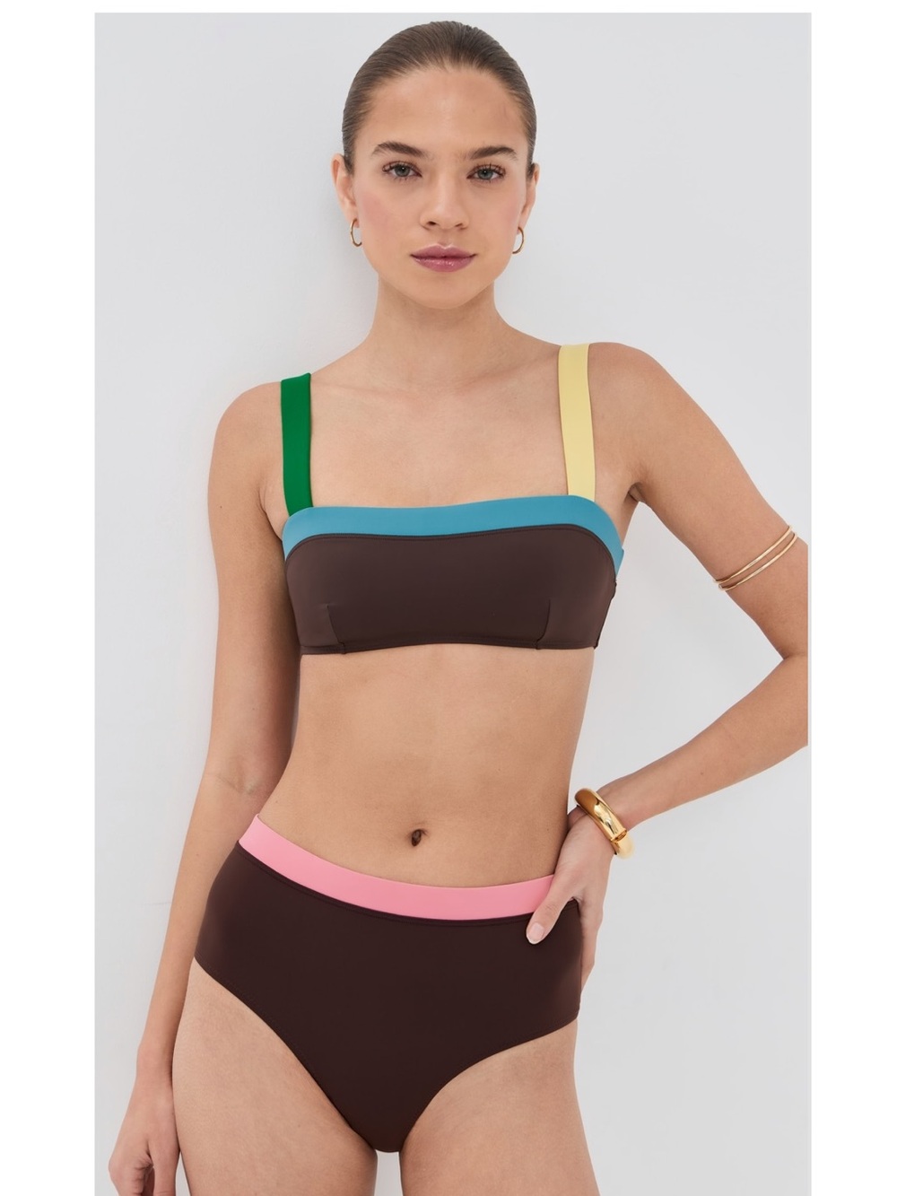NWT Staud Devon High Rise Bikini Bottom in Brown/Colorblock Size M